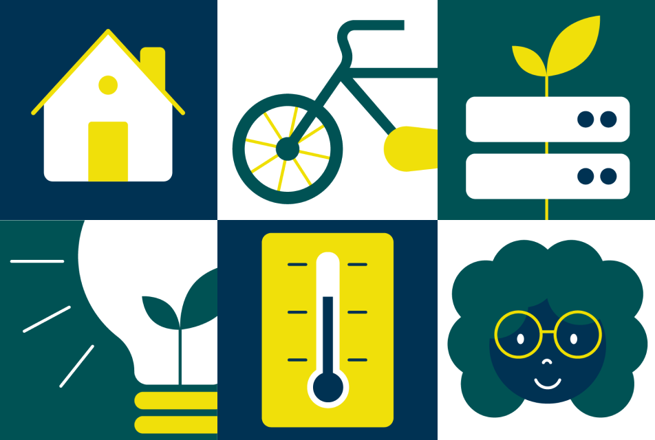6 icons symbolising building emissions, cycling, data centre emissions, lighting, heating & cooling, and diversity & inclusion.
